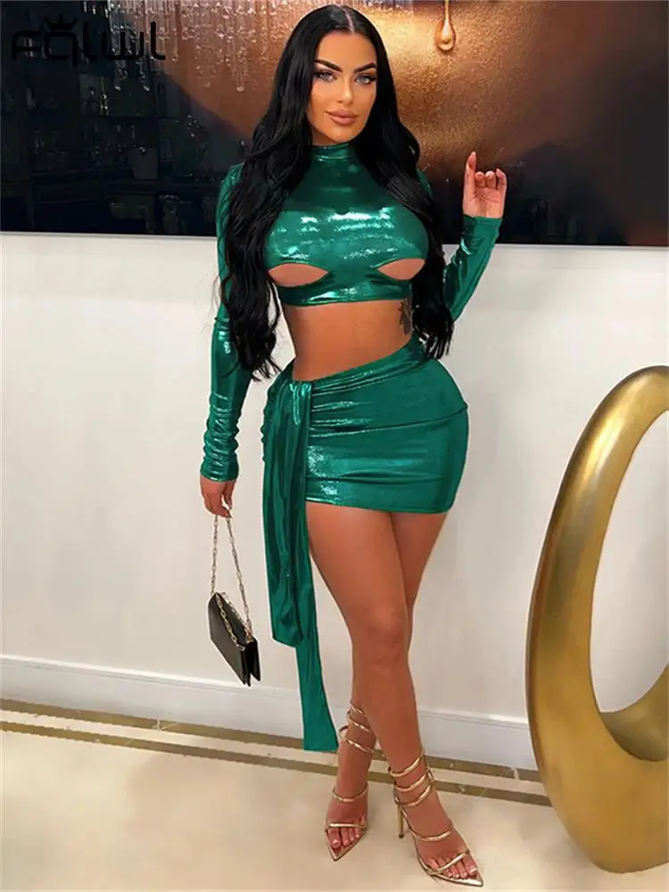 

Habbris Green Hollow Out 2 Two Piece Mini Skirt Set Night Club Outfits For Women 2023 Fall Winter Long Sleeve Bodycon Skirt Set