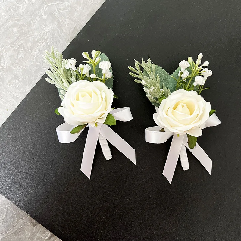 Boutonniere-Accesorios de boda para padrinos de boda, broches de flores para novio, rosas de seda blanca, ramillete Artificial, alfileres personalizables