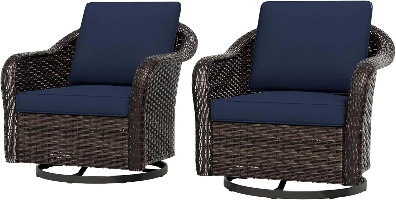 

Outdoor Wicker Swivel Chair Set of 2, All-Weather Use Patio Rattan Chair with Seat and Back Cushion, Ideal for Porch, Backyard,