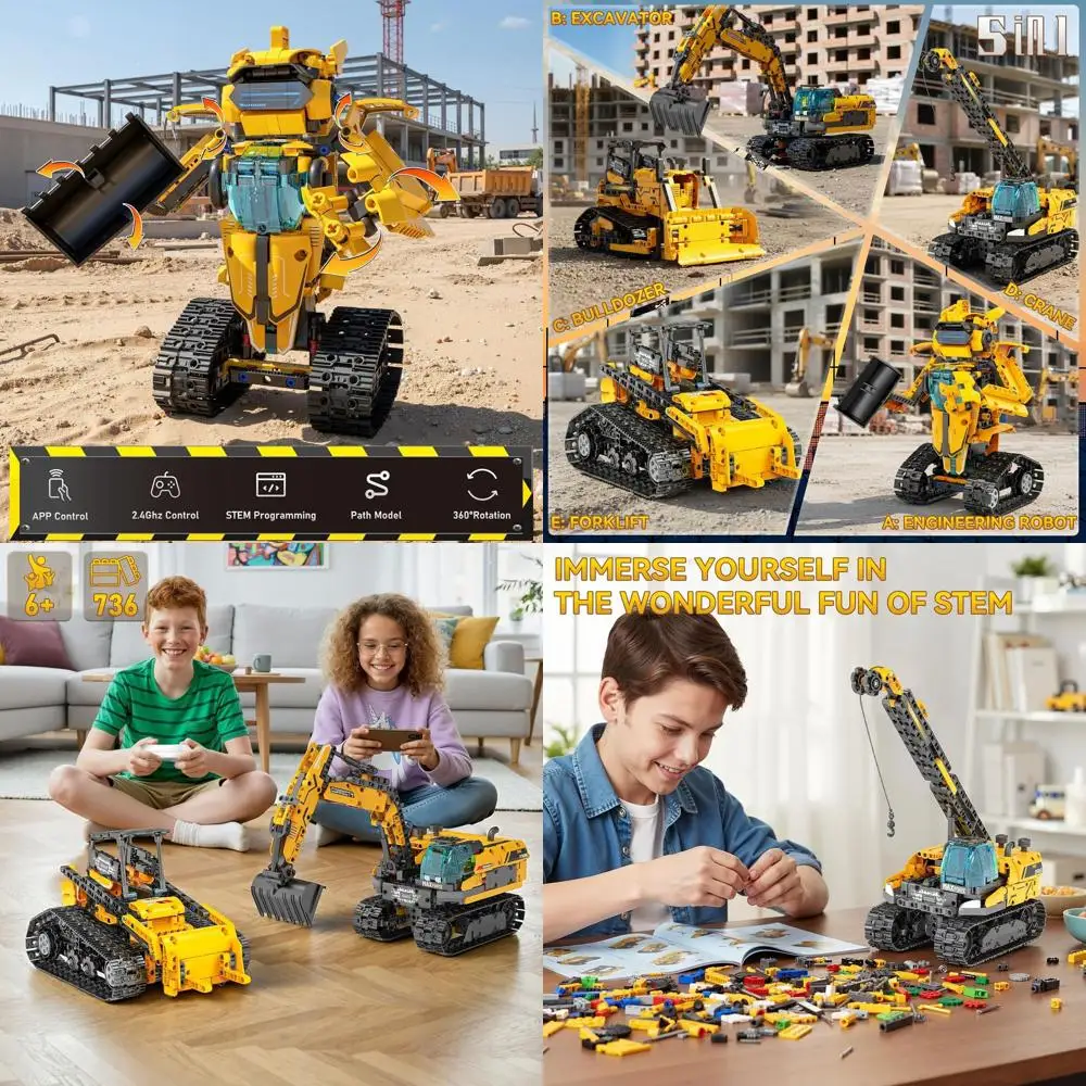 Kit de robot STEM pour enfants de 6 à 12 ans : excavatrice télécommandée de 736 pièces, bulldozer, jeu de construction de grue pour enfants