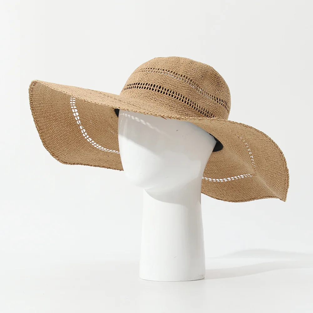 Spring Summer Wide Brim Round Top Straw Hat Foldable Beach Sun Protection Cap Women