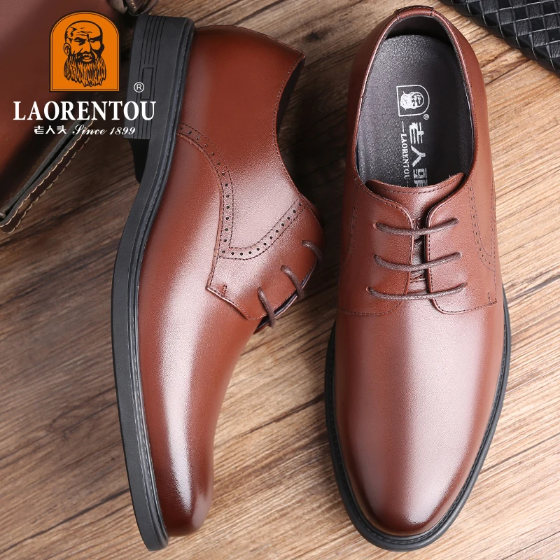 LAORENTOU genuine leather breathable men's business dress leather shoes, cowhide lace up black/brown commuting casual shoes