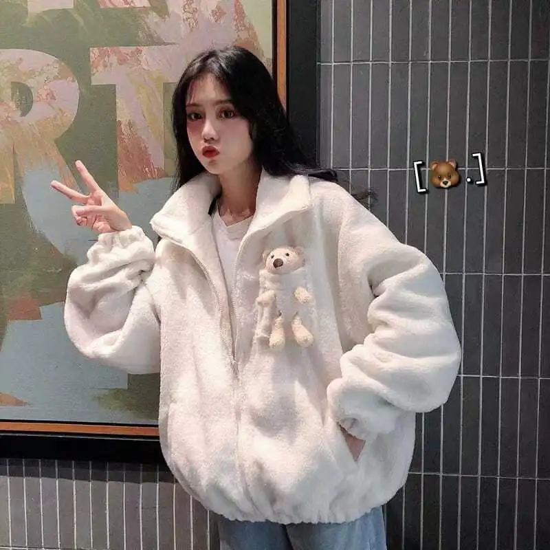 Women\'s Bear Jacket Solid Color Stand-up Collar Casual Spring Korean Version Of Cute Bear Plus Velvet Thick Street Jacket 2022