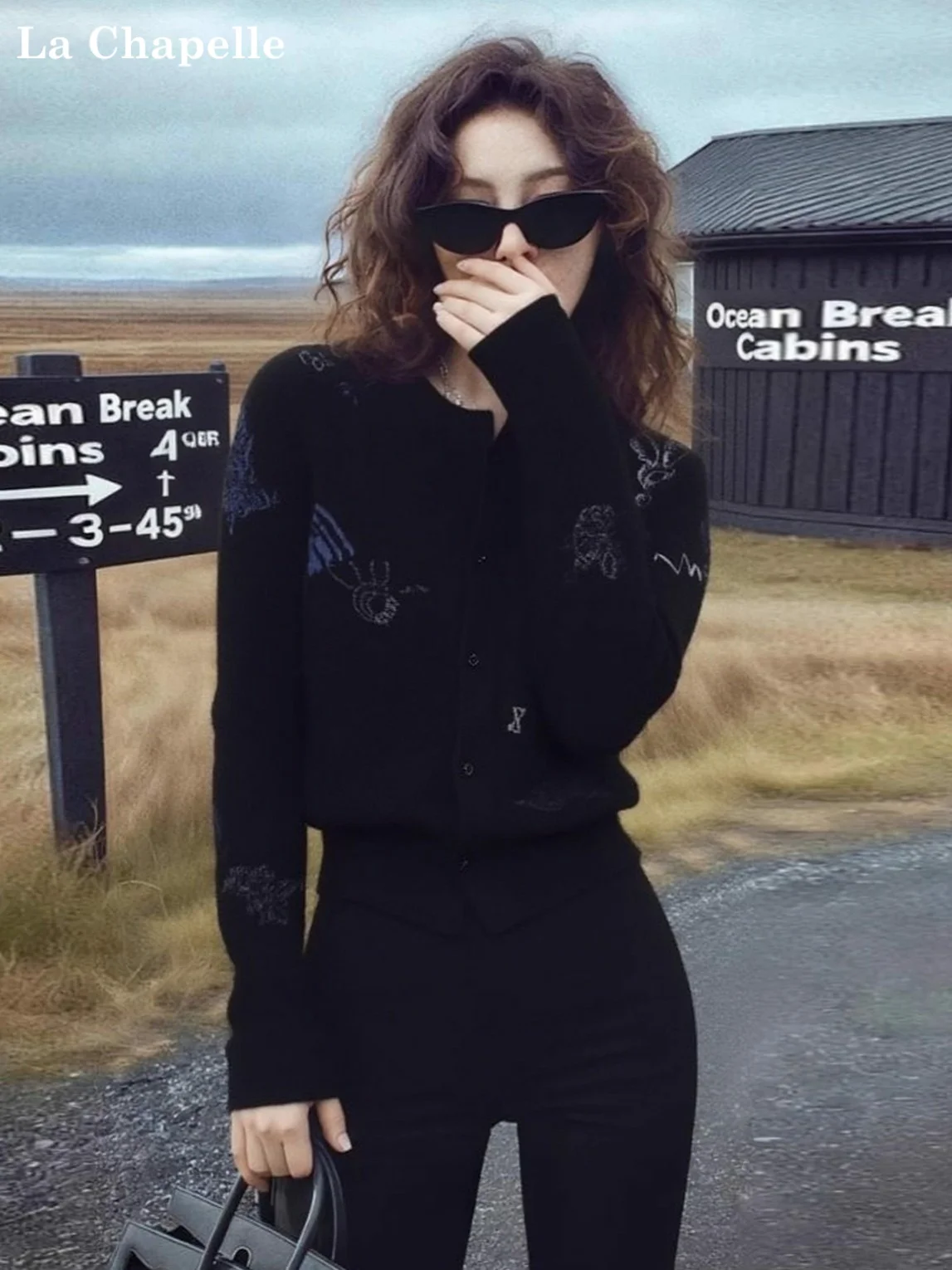 

La Chapelle Lazy High-End Printed Anti-Aging Knitted Sweater Women's Spring Autumn Winter Bla Knitted Open Cardigan Super B...