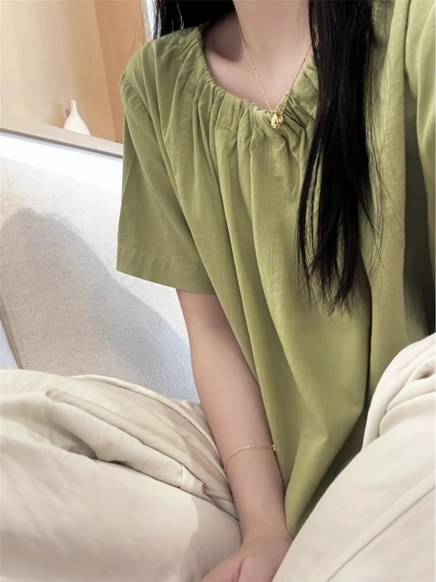 

Loose Fit Cotton Linen irt ort Sve Women's Summer Top Ba Button Design Doll irt Small Size Commute Sle Pure Color