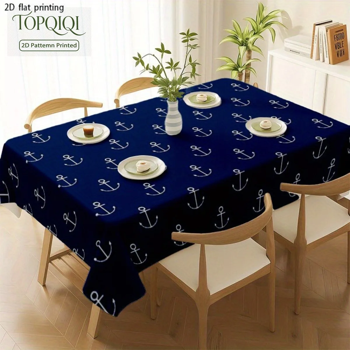 1pc 2D Plane Printing Soft Fashion Tablecloth, Machine Washable And Easy to Clean. Dark Blue Background with White Anchor Patter