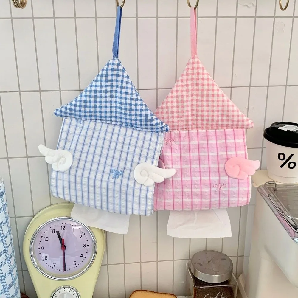 Portable House Shape Tissue Bag Space Saving Soft Fabric Tissue Bag with Wings Hanging Tissue Holder Bathroom