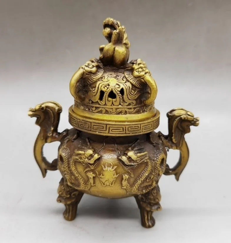 antique excellent Bronze Statues Gilt Dragon lucky tripod Incense Burners Censer