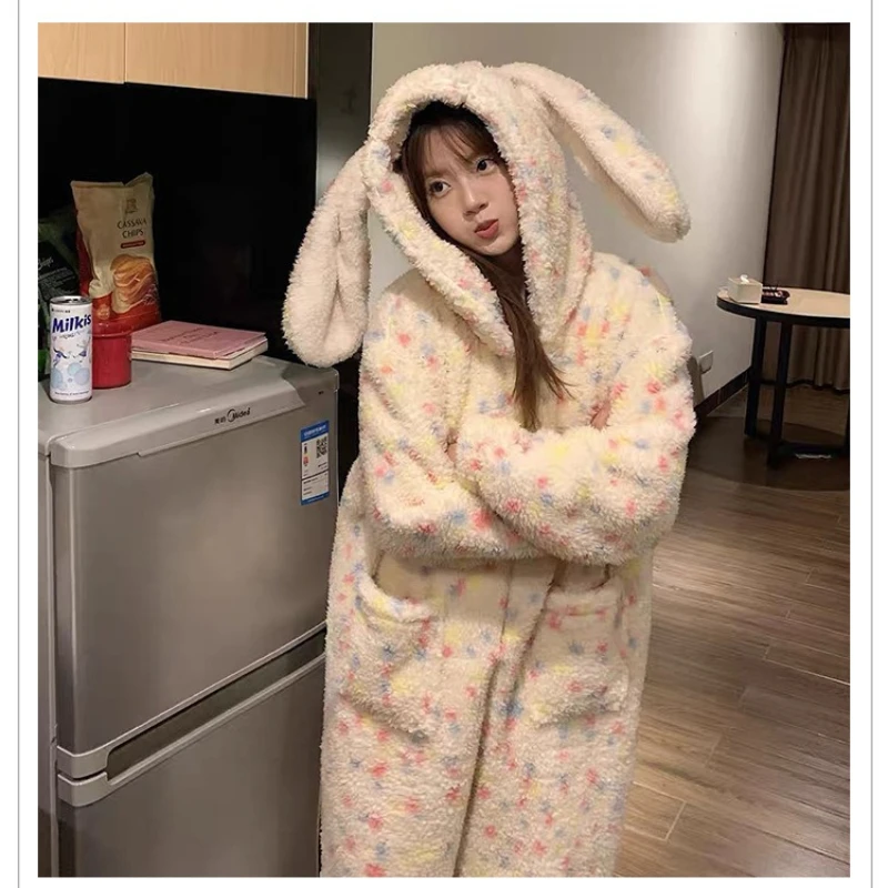 Thickened Winter Pajamas Onesie Coral Fleece Hooded Sleepwear for Cute Girls Home Clothes Outdoor Cartoon Print Warm Homewear