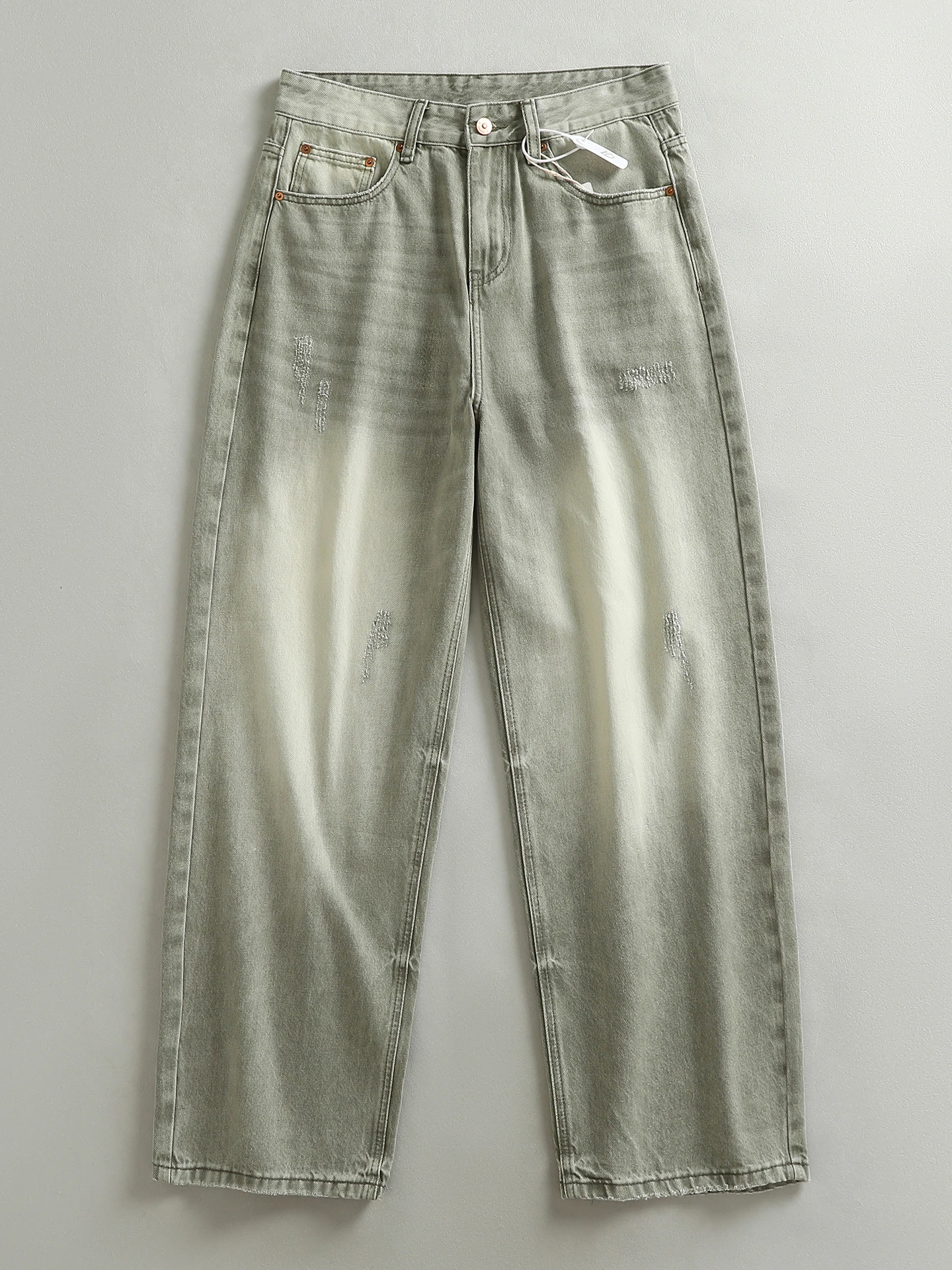 

Retro Green Washed Men's Jeans High Street Loose Straight Leg Long Pants American Trendy Casual Cotton Polyester Blend