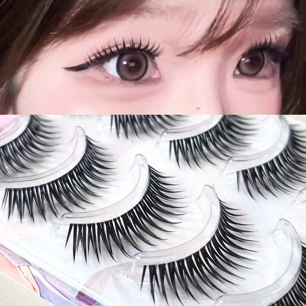 5 Paar natürliche dicke falsche Wimpern, flauschige 3D-Augenwimpern, handgefertigt, schwarzes Band, niedliche Comic-Augenwimpern, Cosplay, Kosmetik, Make-up