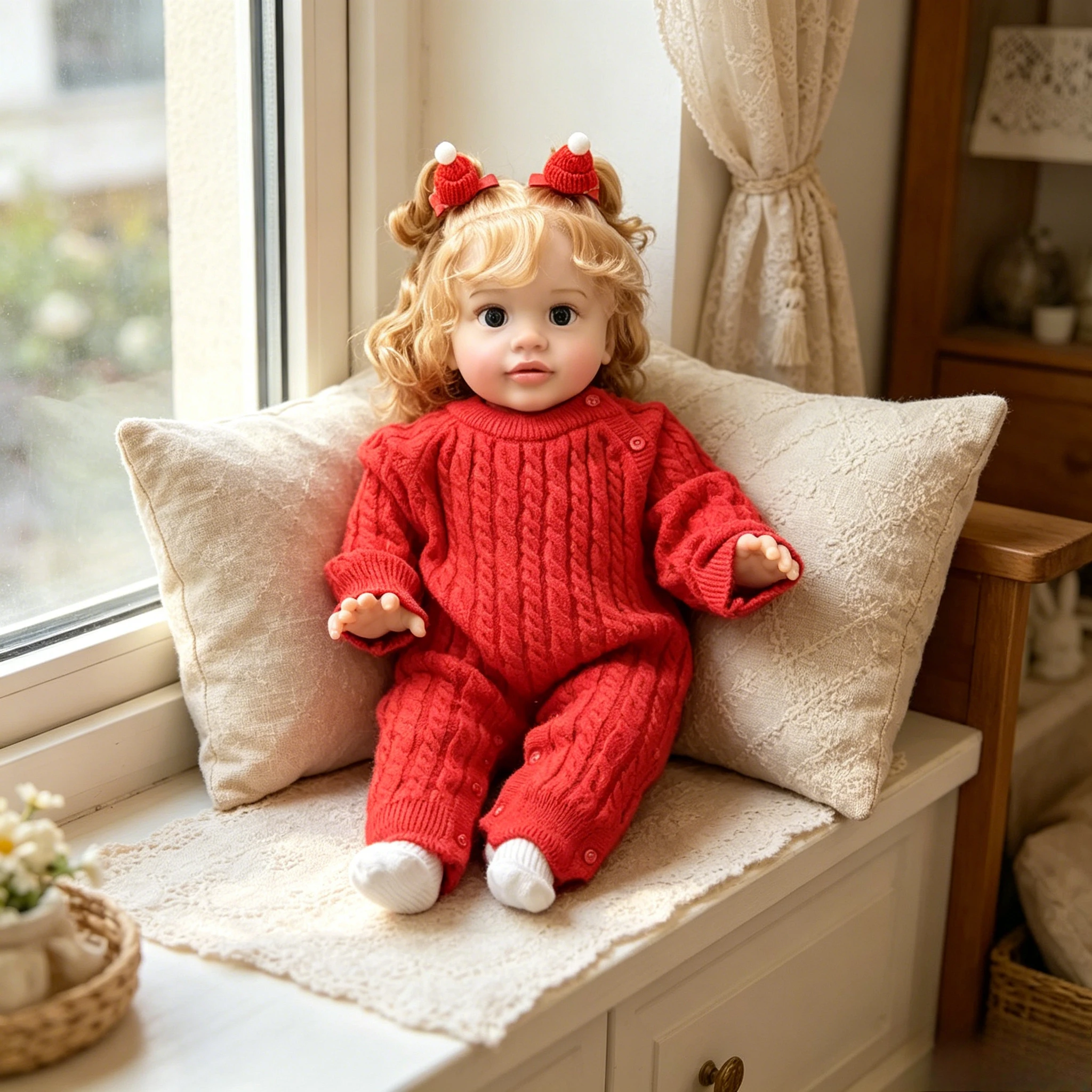 25Inch Pippa Handmade Lifelike Reborn Toddler Girl Doll Golden Curly Hair 3D Skin with Visible Veins & Multi-Layer Painting