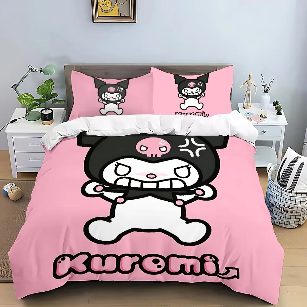 Kuromi dos desenhos animados capa de edredão fronha conjunto cama adulto menino menina quarto decoração crianças presente único duplo tamanho grande