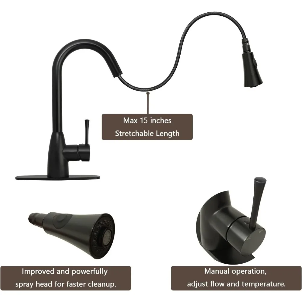 صنبور مطبخ قابل للسحب أسود غير لامع مع لوحة سطح السفينة - ضمان لمدة 5 سنوات، تصميم بمقبض واحد