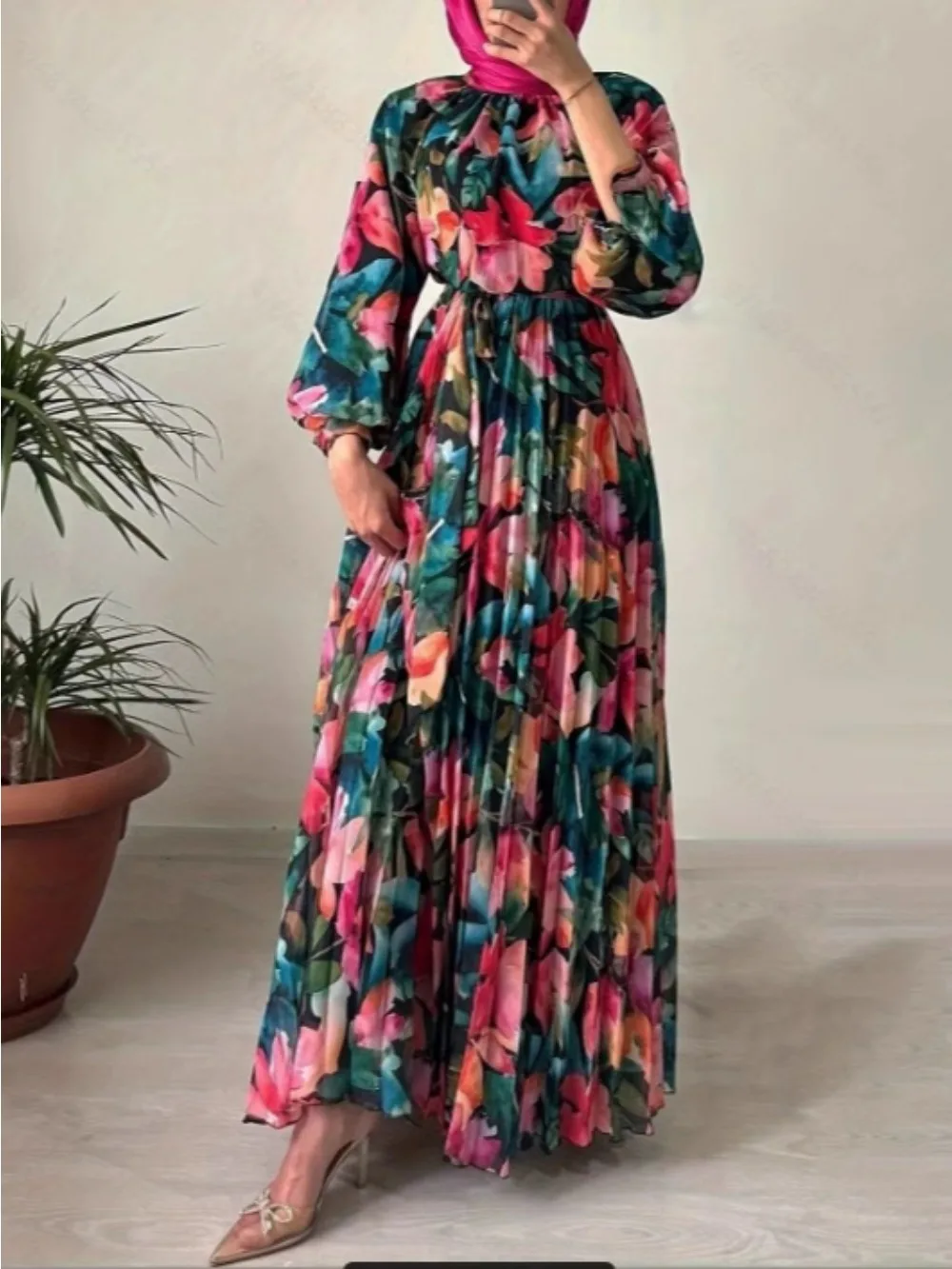 Ramadan Eid Moslim Abaya voor Vrouwen Bloemenprint Jurken Jalabiya Plooien Vestidos Islam Arabische Lange Gewaad Marokko Dubai Abaya Kaftan