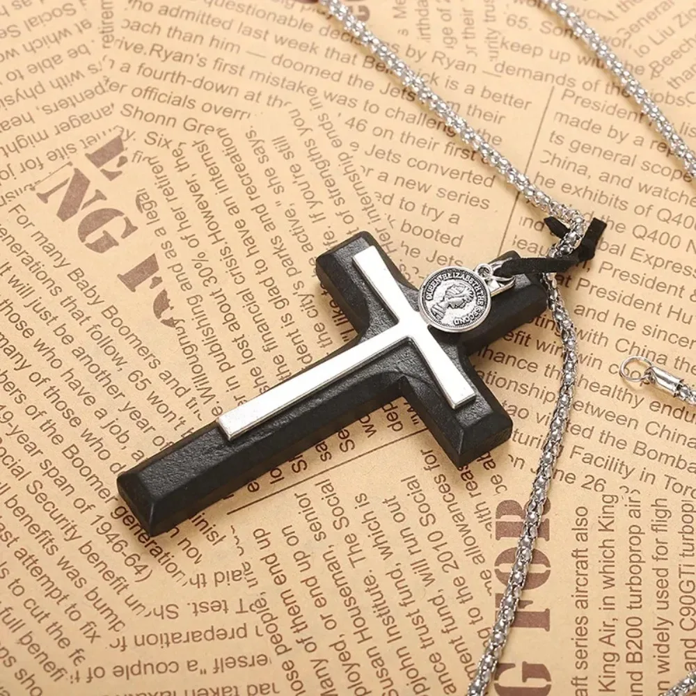 Retro Double-Layer Head Coin Wood Cross Necklace Pendants for Men Long Chain  Wooden Jewelry