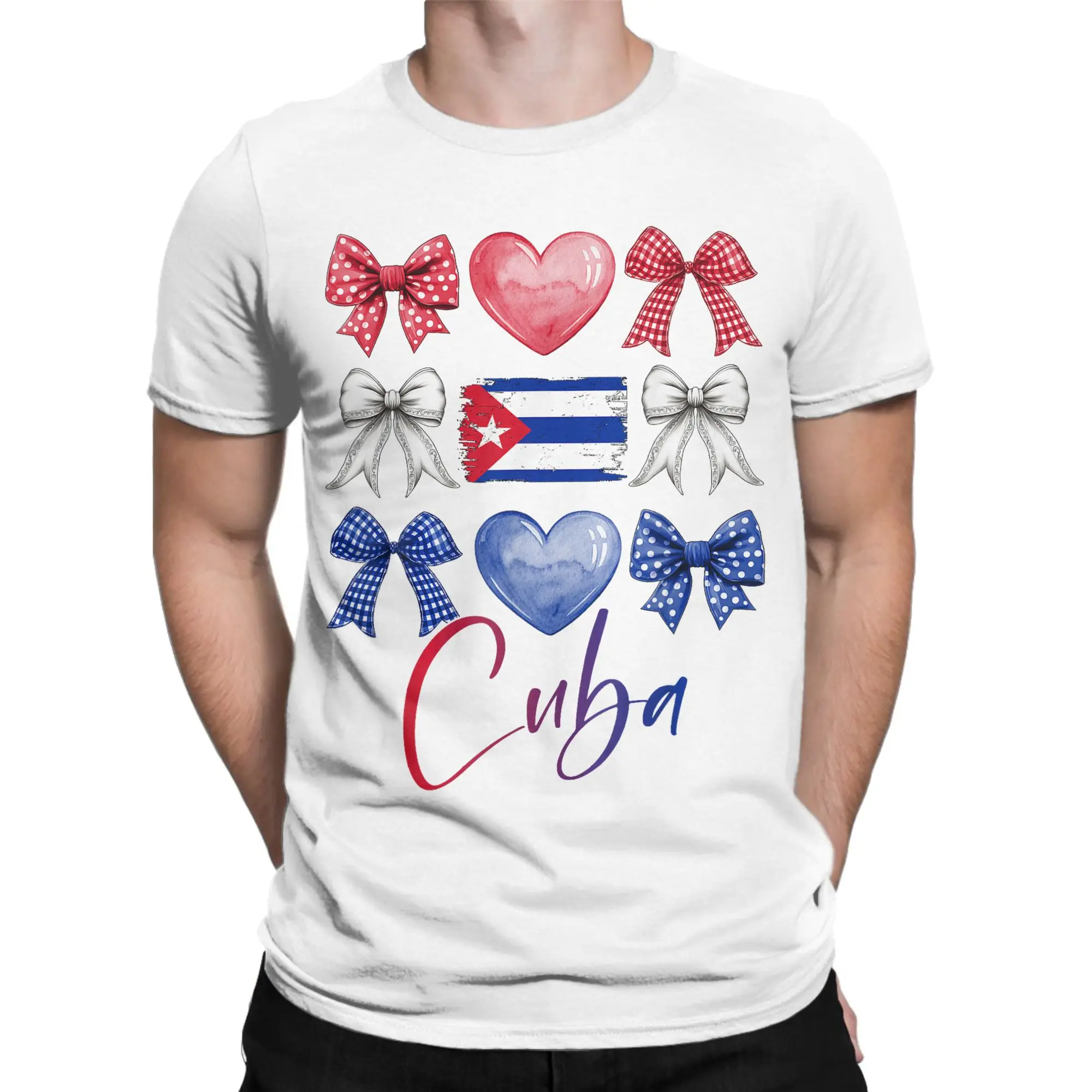 Priting Cute Cuba Hispanic Heritage Month Bow Cuban Flag Tshirts For Men Women Short Sleeve Tops  100%Cotton Summer Tops Shirts