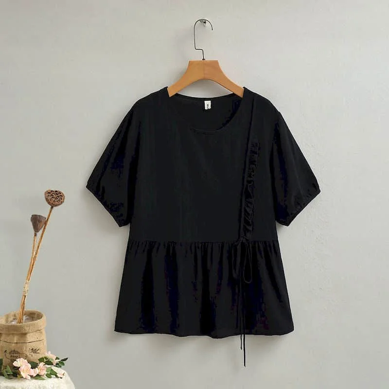 

Solid T-shirts for Women Summer Sale Tops Vintage Half Sleeve Tees Loose Lace-up Pullovers Korean Style O-neck Women Clothing