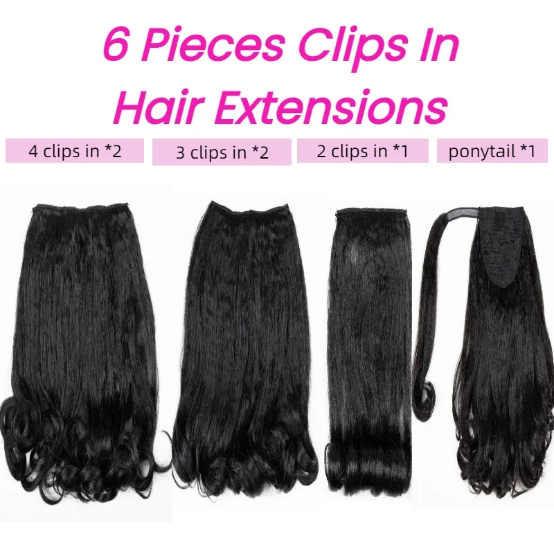 Blice 3-In-One 6PCS Set Synthetic Kinky Straight Curly Tail 17Clips In Hairpieces Volume & Wrap-Around Ponytail Quick Styling