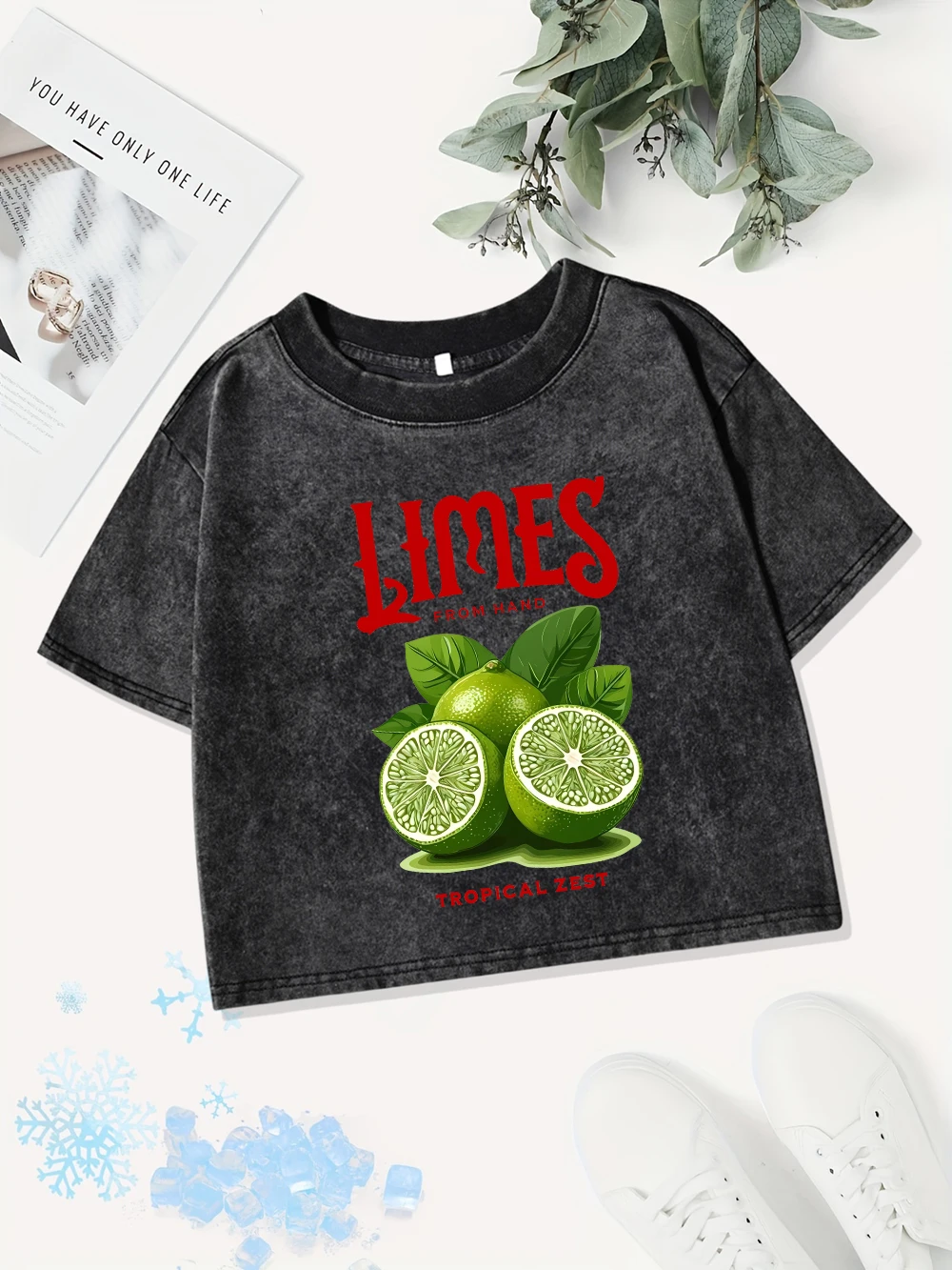 セクシーなコットンクロップトップスレディースライムから手トロピカルゼストプリントウォッシュ Tシャツ夏 O ネックレギュラーフィット Tシャツ Y2K 服