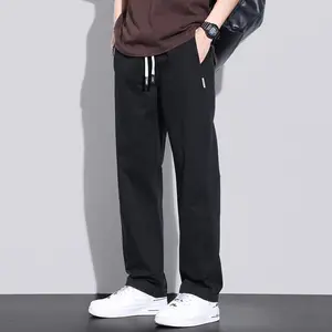 2024 Men Spring Autumn New Loose Leisure Cotton Pants Men's Solid Color Straight Pants Male Drawstring Wide Leg Trousers I644