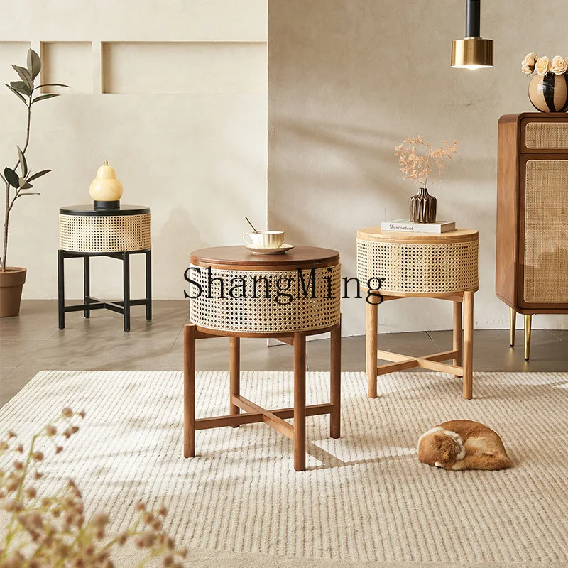 

CL Original Wood Rattan Small Coffee Table Simple Solid Wood Rattan Corner Table Sofa Side Cabinet Creative Storage Small Table