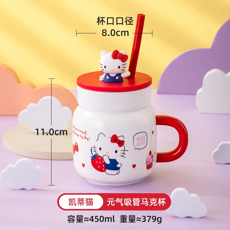 Taza de cerámica de hello kitty sanrio, vaso de paja de silicona con tapa, my melody, canela, perro, taza de agua, lindo Hogar, niña, regalo de cumpleaños, anime