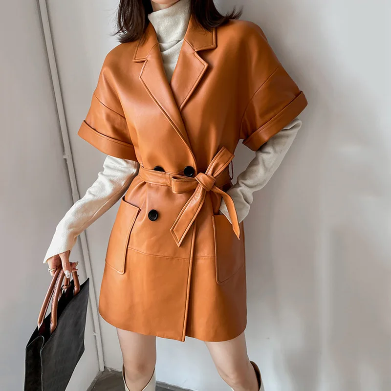 Imported A-level Sheepskin Women Mid-length Trench Fall Double-breasted Ladies Short Sleeve Lace-up Real Leather Trench Coats