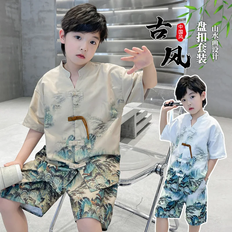 Boys summer Tang suit 2024 new medium children children boys new Chinese summer Hanfu Chinese trend