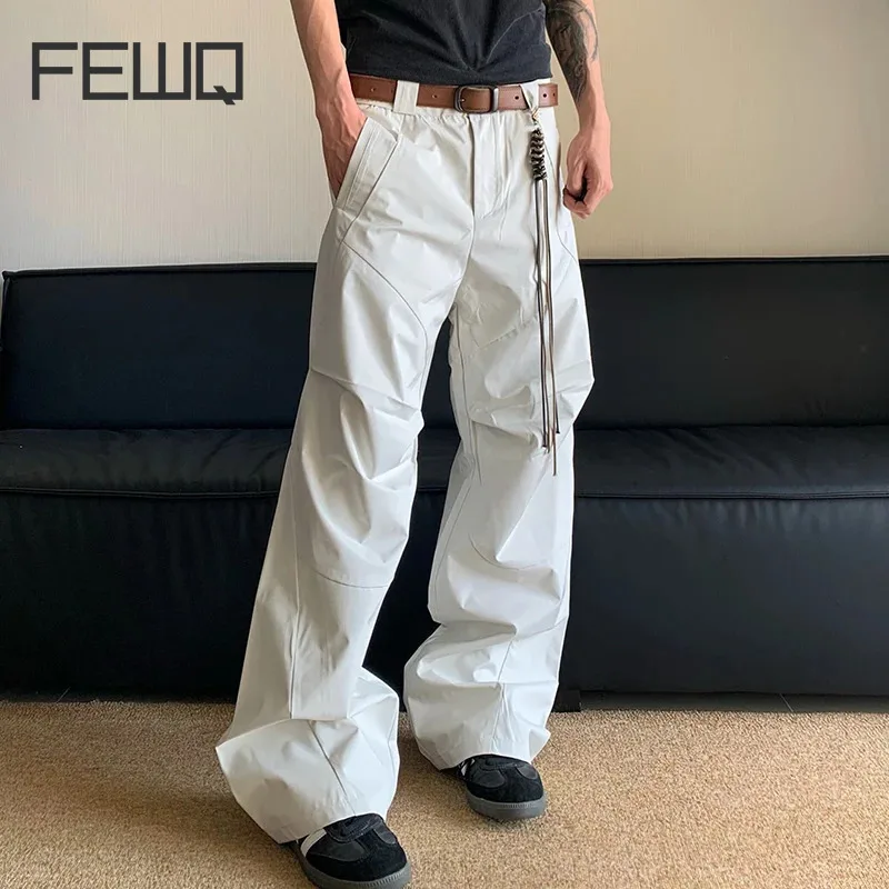 FEWQ Deconstructing Niche High Street Wide Leg Pants Design Pleating 2024 Solid Color Casual Korea Fashion Male Trousers 24E1030