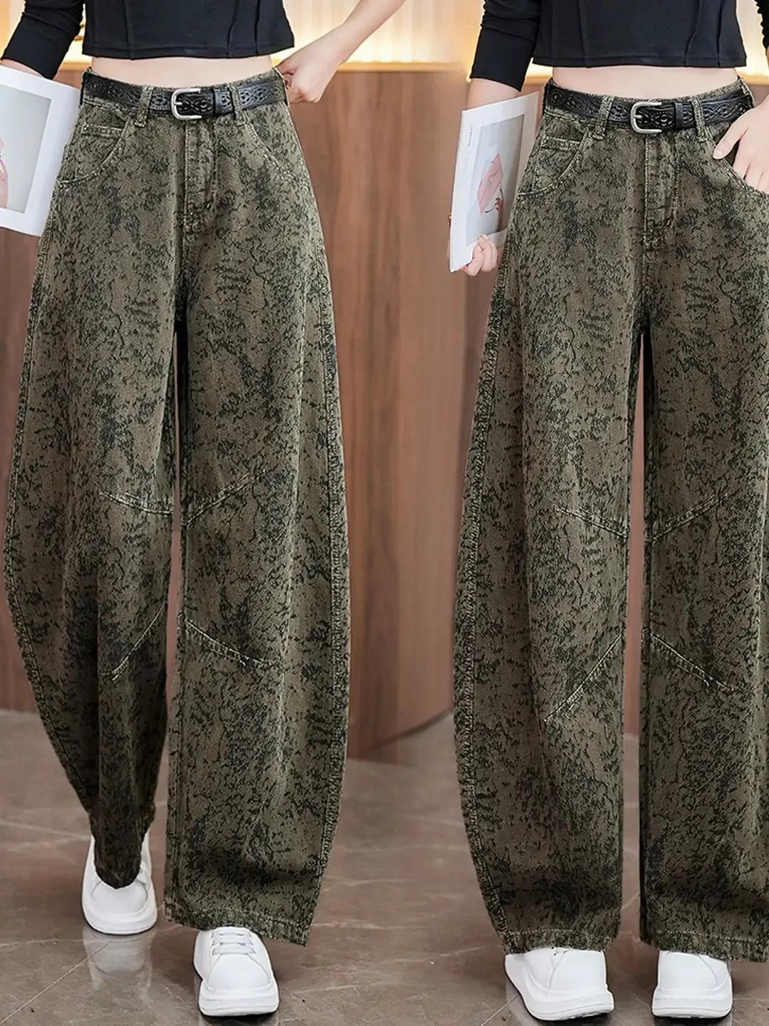 Women's Wide Leg Jeans High Waist Tie Dye Floral Print Comfortable Loose Fit Autumn Fashion High Quality Denim Pants