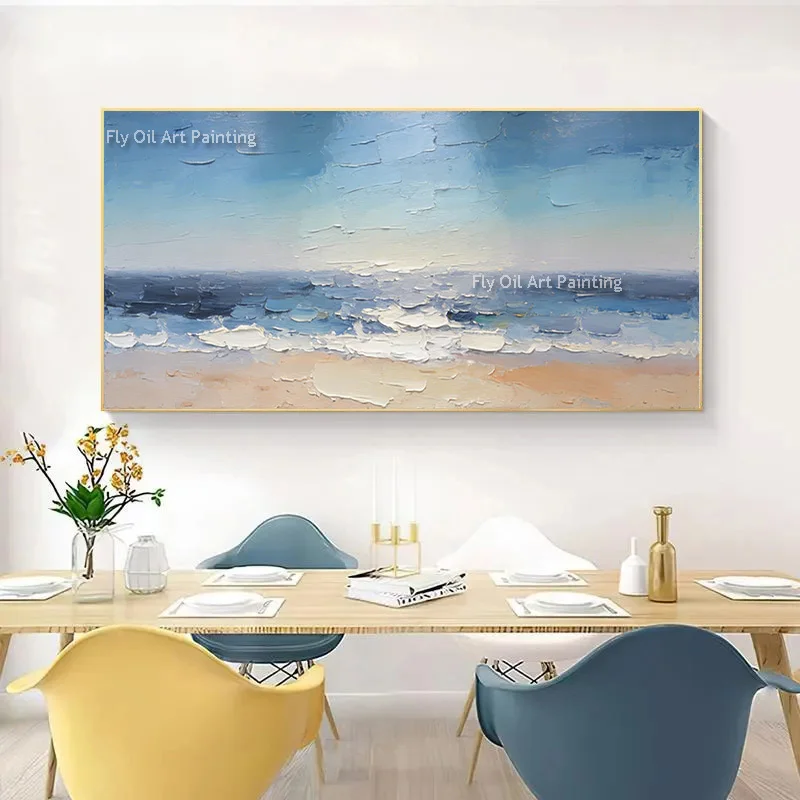 Large Light Blue Ocean Beige Beach Canvas Thick Wall Art Decor For Living Room Modern Handpainted Seaside View Oil Painting