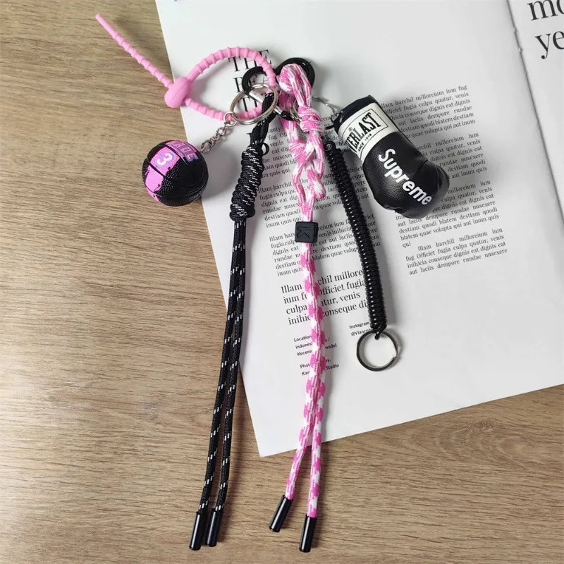 POP Digital Store Pink and Black Basketball Keychain Ball Boxing Gloves Camera Braided Rope Charm Bag Pendant Versatile Lanyard