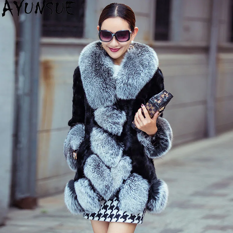 AYUNSUE réel manteau de fourrure de vison femmes vêtements veste d'hiver veste de fourrure chaude mi-longue femmes manteaux 100% col de fourrure de renard Шуба Ж Döncud