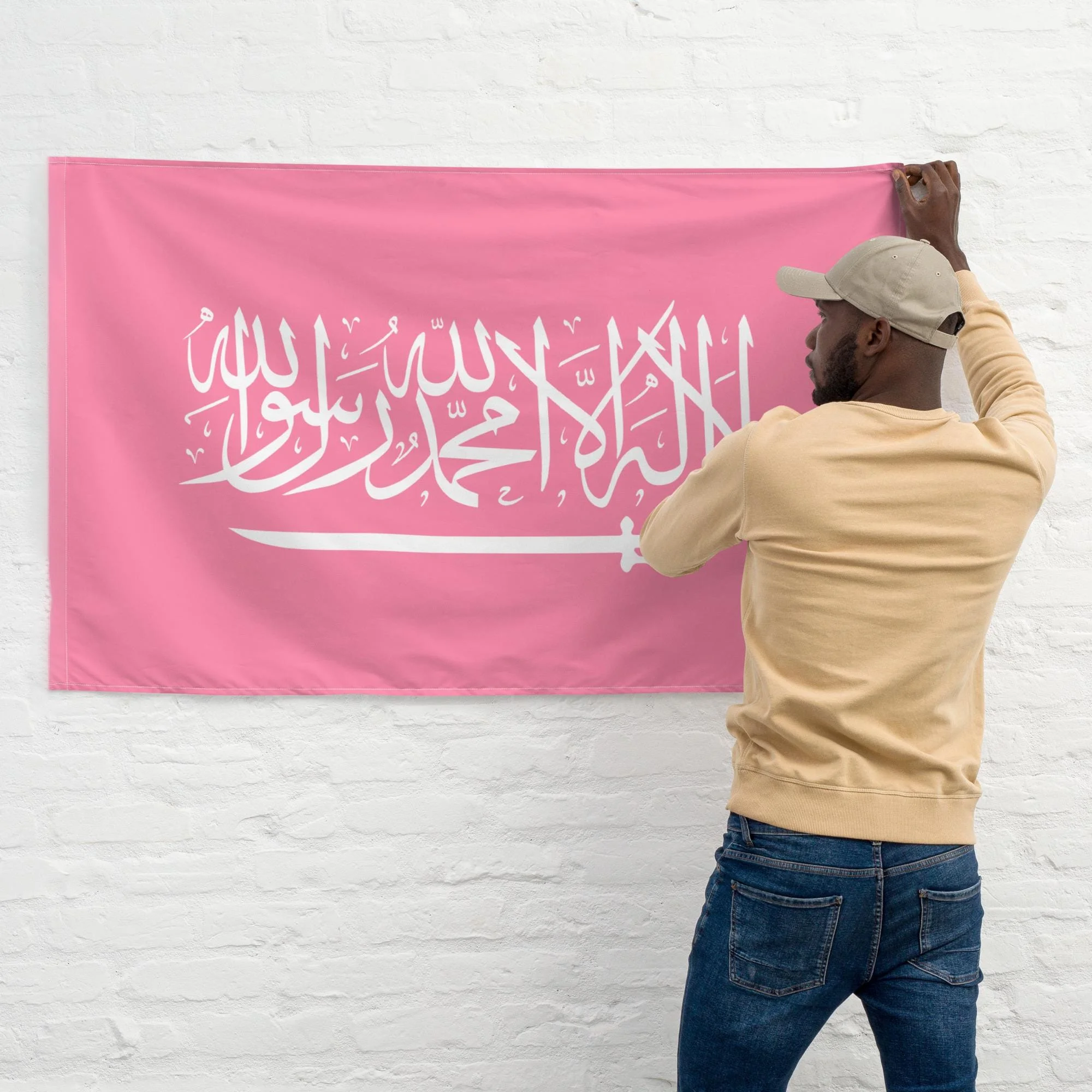 Pink Background White Arabic Letter Sword Pattern Tapestry Flag Decor Wall Hanging Art Backdrop For Room Indoor Decoration