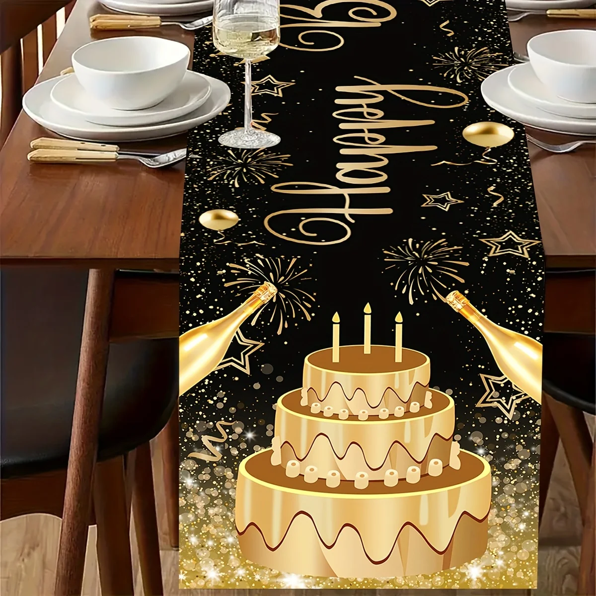 Happy Birthday Table Runner, Black Golden Pattern Table Decor, Birthday Party Tablecloth, Party Photo Props & Birthday Gift
