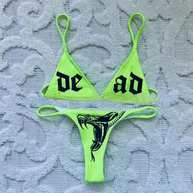 

Неоново-зеленый комплект бикини с принтом змеи и надписью, женский сексуальный треугольный купальник из 2 частей, летняя пляжная одежда