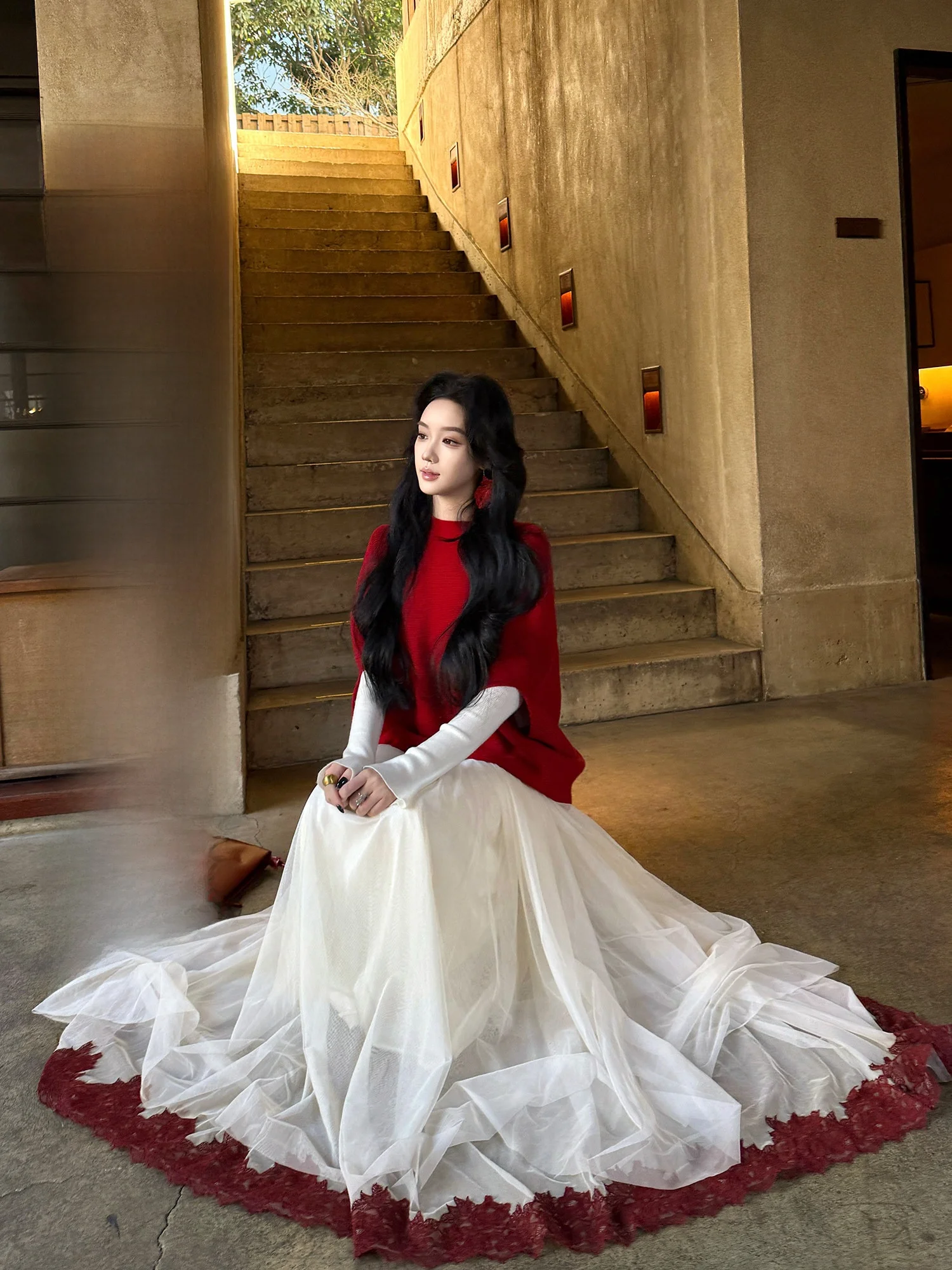 

Winter Women's Midi Skirt A-Line Tulle Fluffy Skirt Red Cheekin f-length Polyester Fiber Daily Wear 25-29 Years Old