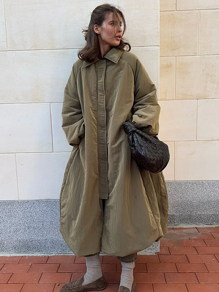 Hh feminino inverno solto turn-down colarinho casacos bolsos sólidos mulher moda botão zíper mangas compridas longo algodão-acolchoado jaqueta