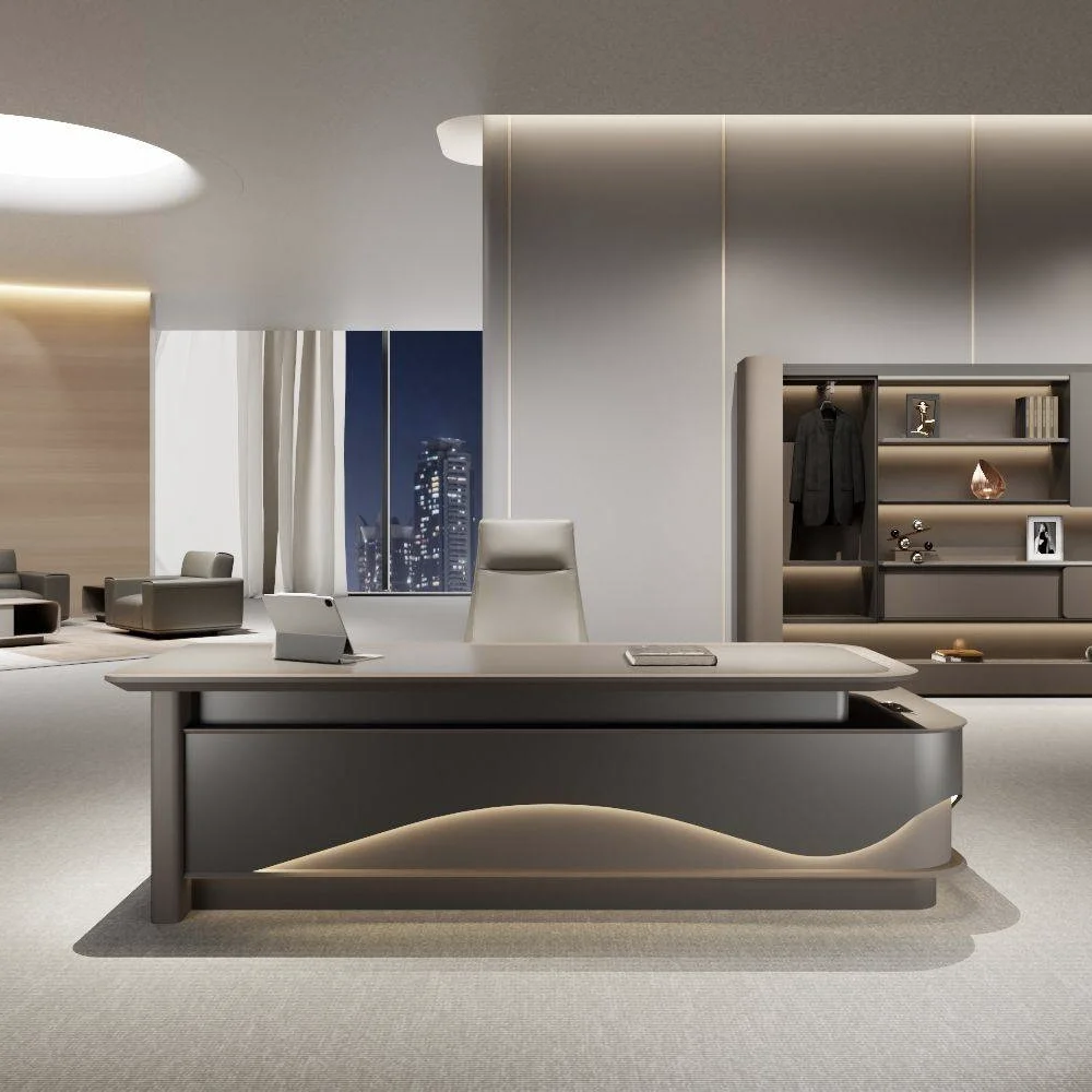 高級モダン無垢材社長用コーナーオフィスデスク、耐久性と優雅さを兼ね備えたエグゼクティブマネージャーテーブル、商業用家具CEOオフィスデスク