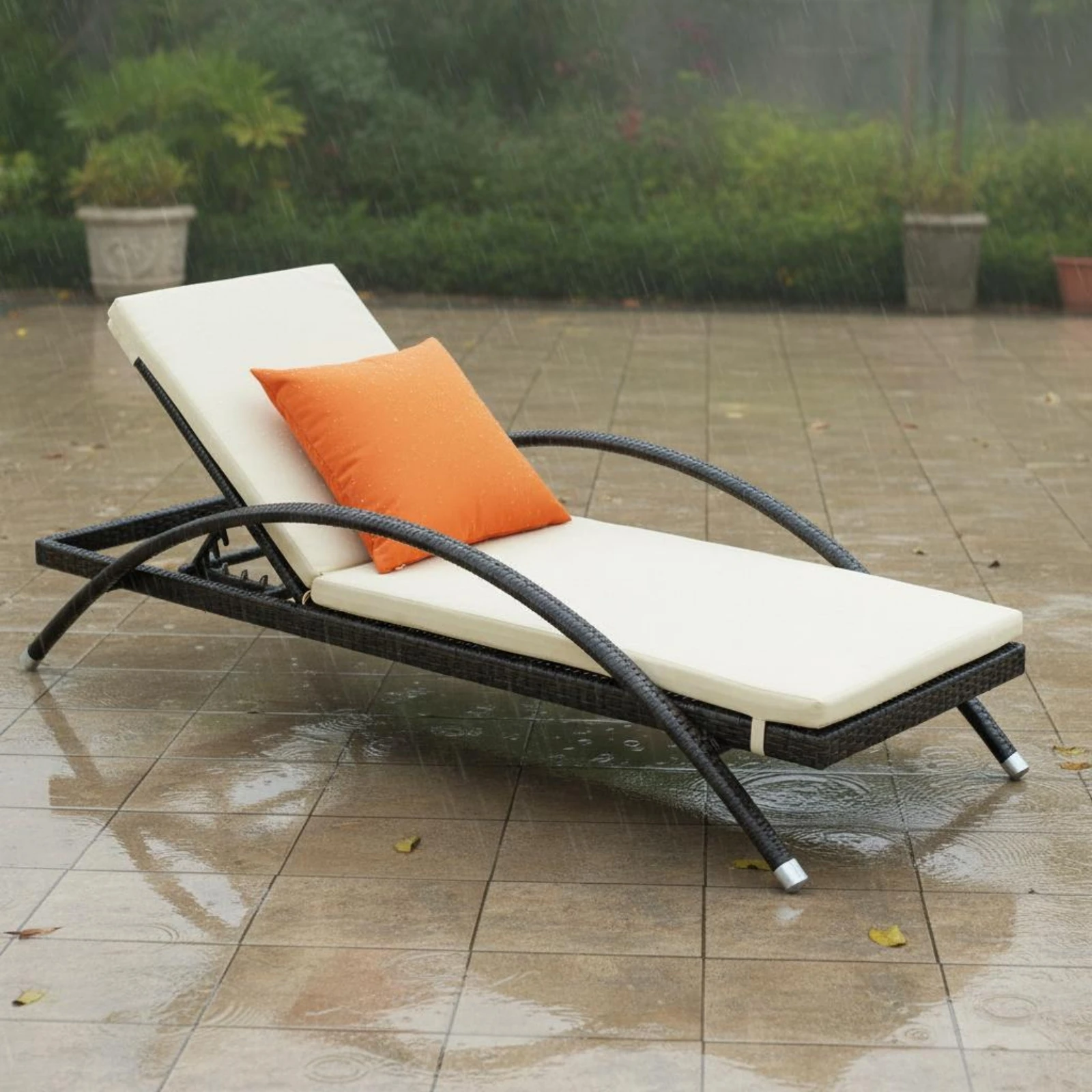 Wicker Chaise Lounge Waterproof Reclining Pool Lounger Wicker Recliner Weather Resistant Sunbathing Lounger Cushioned Seat