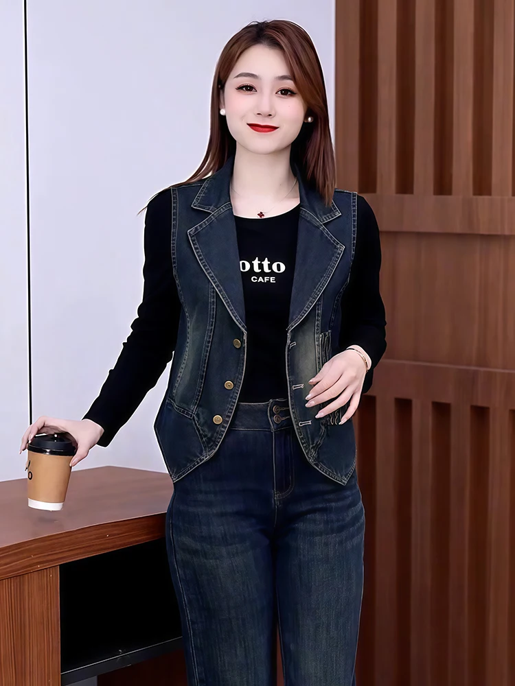 

ort Джинсовый жилет Женская верхняя одежда Модный универсальный наплечник Jaet Commute Sle Чистый цвет Китайский бренд