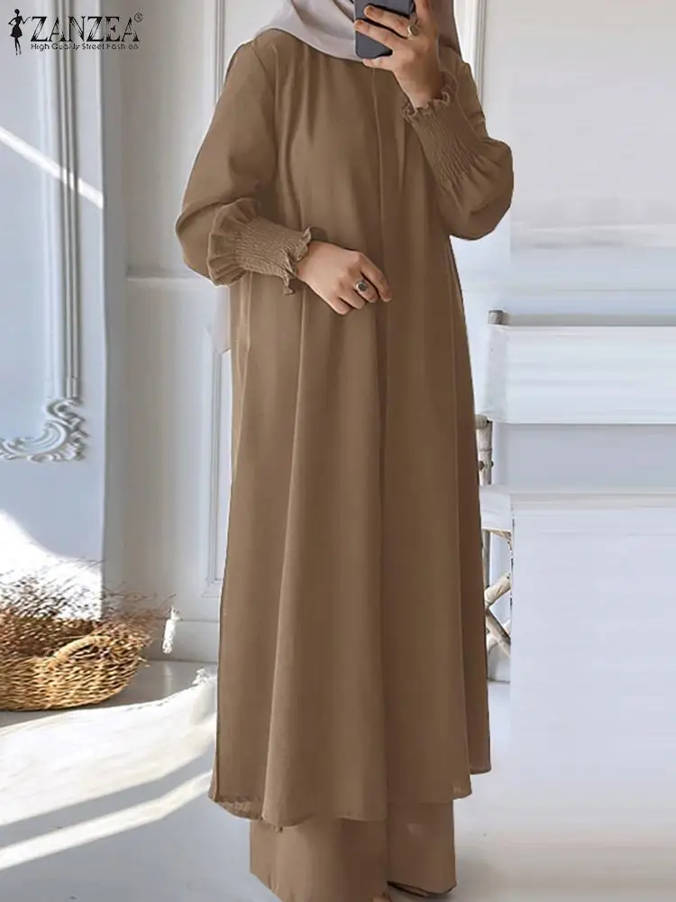 2024 ZANZEA Muslim Sets Women Vintage Long Shirt & Wide Leg Trousers Suit Eid Mubarek Abaya IsIamic Outfits Casual Tracksuits