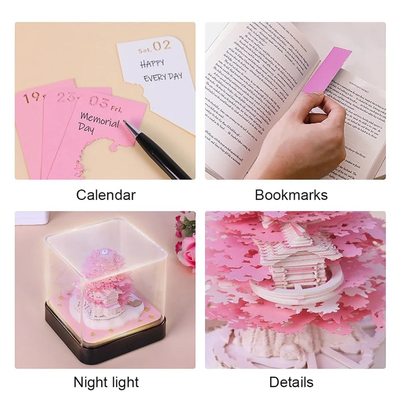 2024 Calendar Memo Pad, Desk Calendar With LED Lights 3D Notepad Paper Carving Gift Desktop Decoration For Office