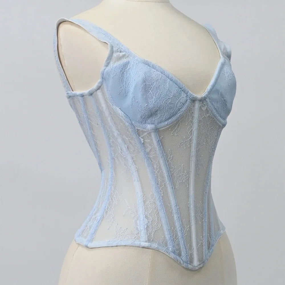 Women Mesh Corset Busiter Overbust Bra Floral Lace Bodice Sexy Tansparent Strapless Crop Tops Lace Up Steel Boned Shaping Tops