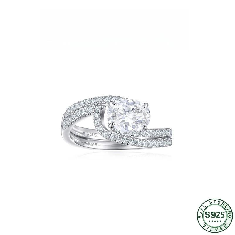 Hot selling 1.5 carat zircon combination pure silver ring set with twisted arm, 100% s925 silver ribbon ring set wedding jewelry