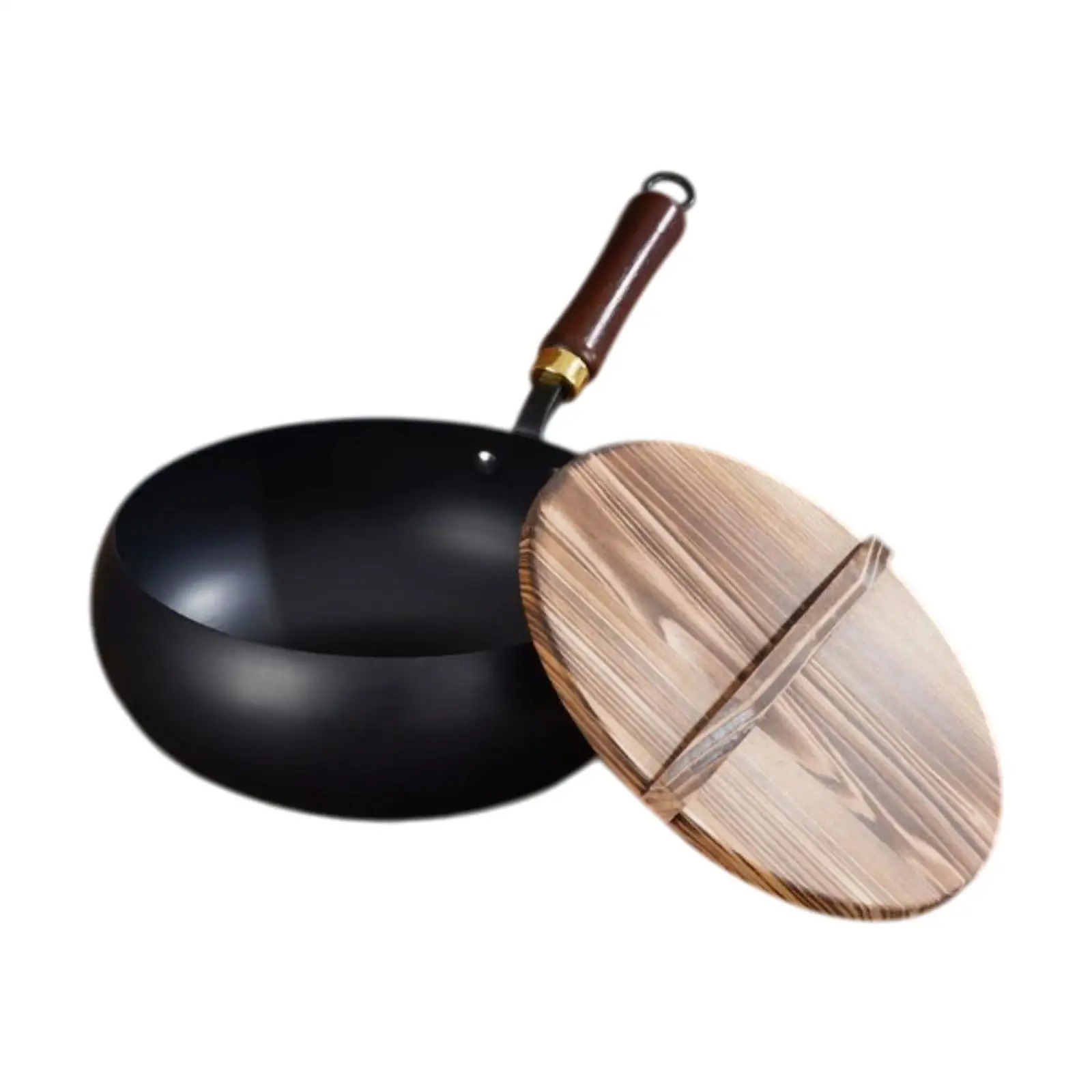 

Nonstick Wok without Coating 9.45'' Cookware Flat Bottom Chinese Wok with Wooden Lid for Restaurant Home Camping Kitchen