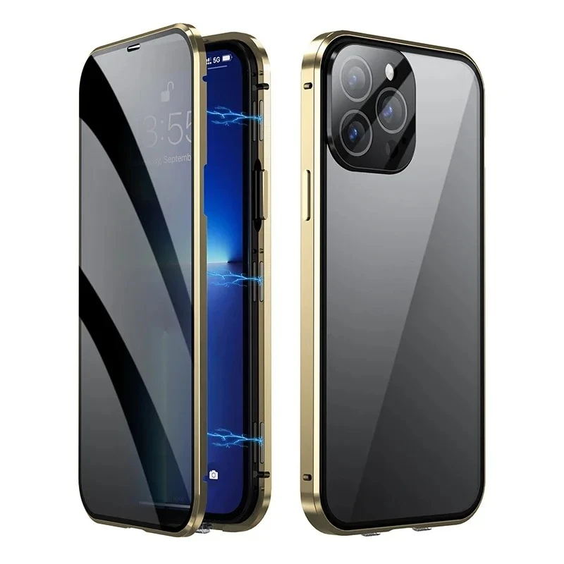 360 ° Full Protection Metal Magnetic Double-Sided Glass Snap Lock Privacy Case For iPhone 17 16 15 14 13 12 Pro Max Plus 17E 16E