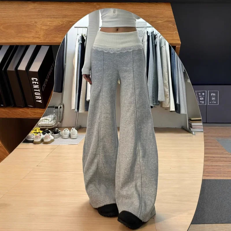 Autumn Winter Fleece Lined New Arrival Stylish Lace Patchwork Loose Wide Leg Casual Drooping Floor Length Sweatpants For Women