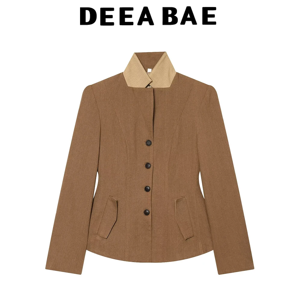 DEEABAE 2026 summer new women's clothing style simple long sleeved high neck linen blend suit jacket